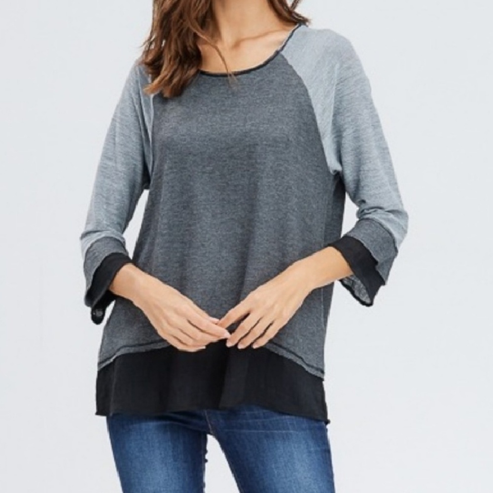 NWT Raw Edge Top Black Grey Gauze Hem Made USA SML